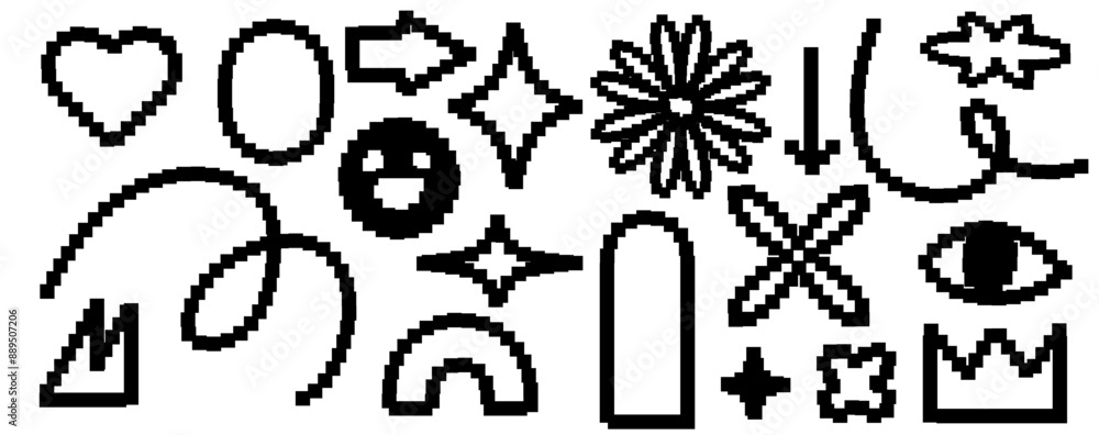 Fototapete set of y2k pixel icons. game abstract elements. retro trendy brutal style. smile face and modern col