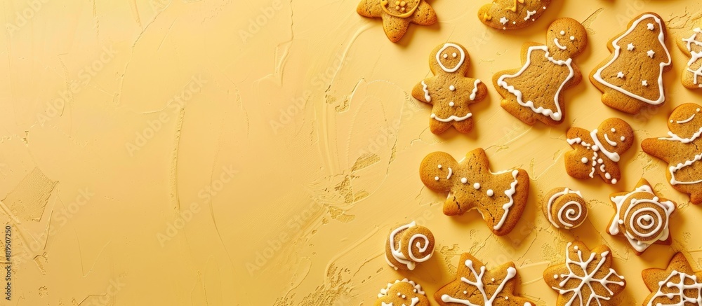 Poster various gingerbread cookies in different shapes for christmas arranged on a yellow surface. top view