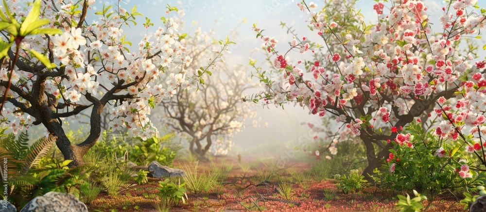 Poster spring fruit trees in bloom with a banner providing ample copy space image.