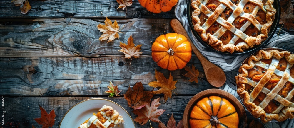 Poster vintage table setting with a homemade carrot and pumpkin pie topped with cheese, creating a cozy cul