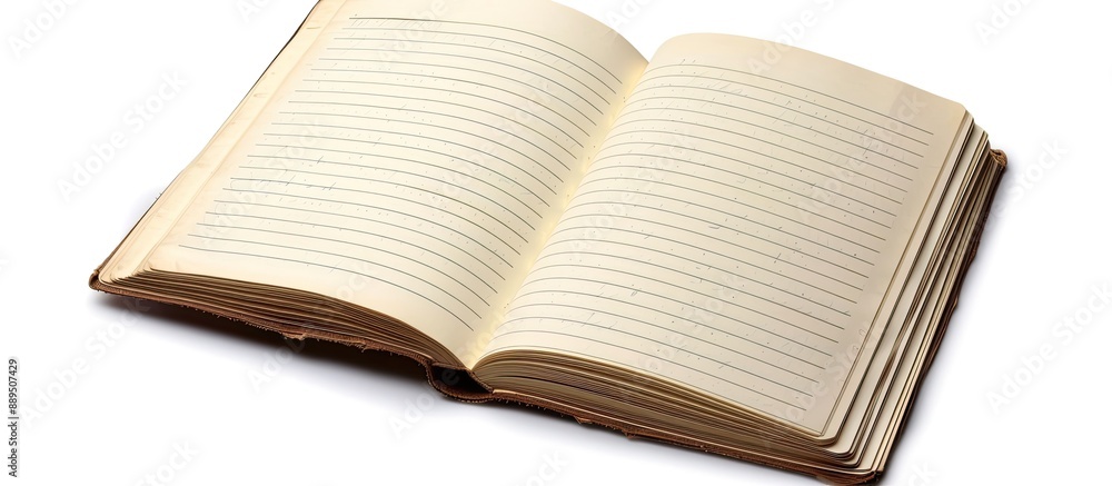 Poster isolated on a white background, there is a blank open notebook with lined paper, providing ample cop