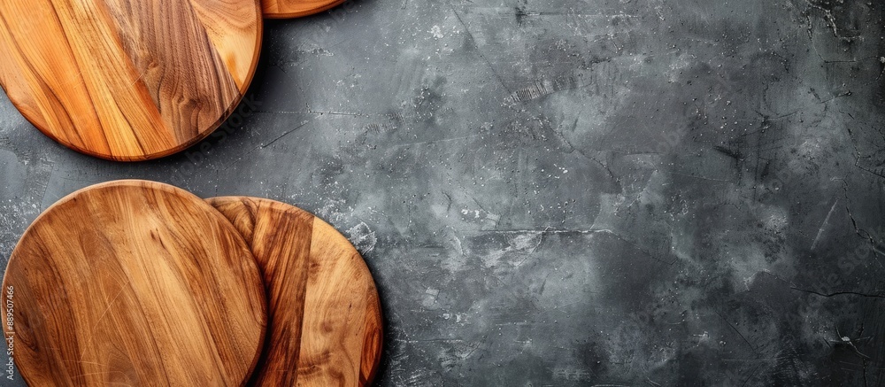 Poster top view of round cutting boards on a grey background with copy space image for text or design.