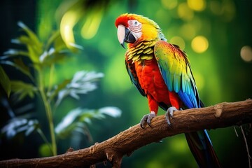 Obraz premium Colorful parrot in tropical rainforest, vibrant feathers, lush green foliage, natural light, perched on branch, wide-angle lens, high detail