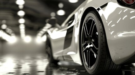 Close up of luxury sports car tires with racing rims background wallpaper AI generated image