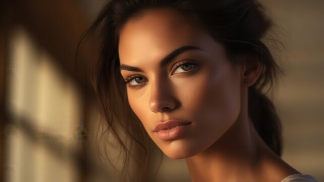 Close-up of model with flawless skin, natural makeup, soft lighting, elegant expression, high detail