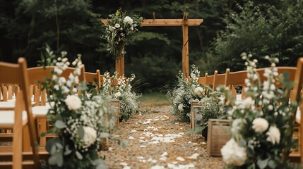 Beautiful outdoor wedding aisle decorated with fresh flowers and wooden chairs leading to arch in scenic forest setting.