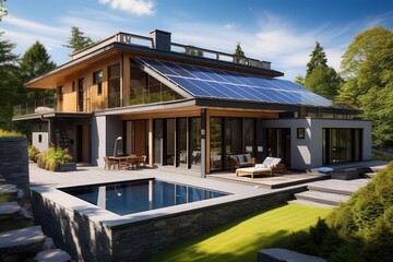 Fototapeta premium Eco-friendly sustainable home, solar panels, green roof, natural materials, bright light, modern design, ground-level shot