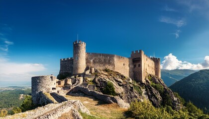 fortaleza antigua construida en la cima de una montaña, con murallas