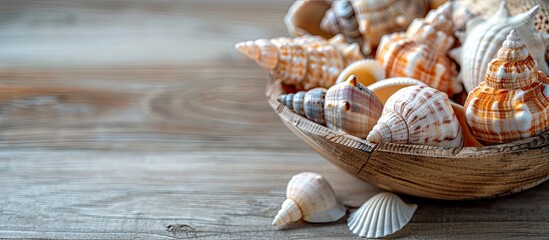 Wood basket containing a lovely seashell collection with copy space image.