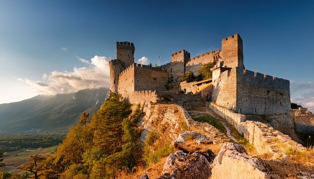 fortaleza antigua construida en la cima de una monta&ntilde;a, con murallas y torres