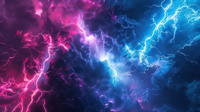 Abstract electric lightning in vivid blue and pink hues, symbolizing conflict and confrontation. Versus screen in gaming...
