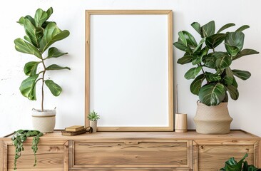 Light home interior room with plant and empty white mockup frame, perfect for advertisement. Minimalistic and simple lifestyle concept.