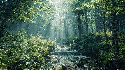 Obraz premium A serene forest with a gentle stream.