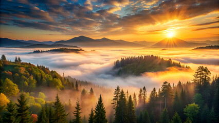 Obraz premium Tranquil sunrise over misty forest in mountain landscape