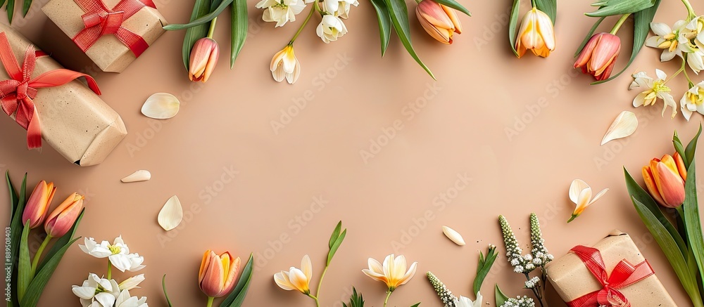 Poster top-down view of a spring-themed arrangement with gifts, flowers, and a blank space for text or imag