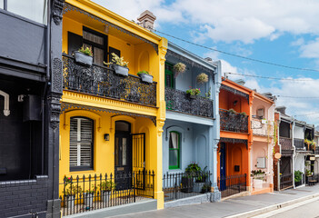 Colorful historic Victorian townhouses in Paddington, a district of Sydney, Australia