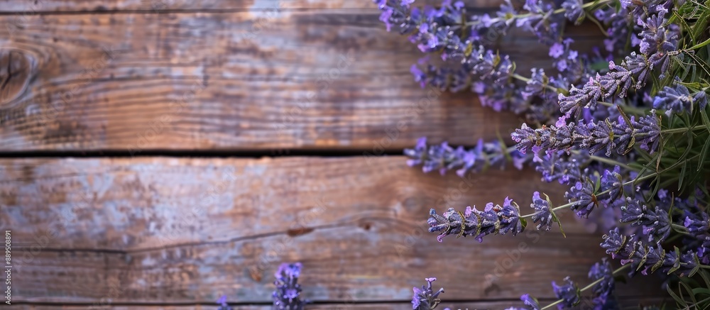 Poster selective focus on a rustic wooden background with a lavender frame surrounding a copy space image.