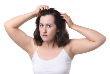 Woman with hair loss problem on white background