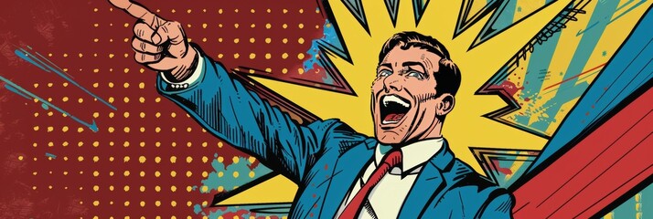 Businessman in retro-style pop art celebrating success, pointing to chart with joyful scream