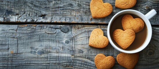 Top view of a coffee cup on a wooden table with heart-shaped cookies, creating a charming scene with ample copy space image.