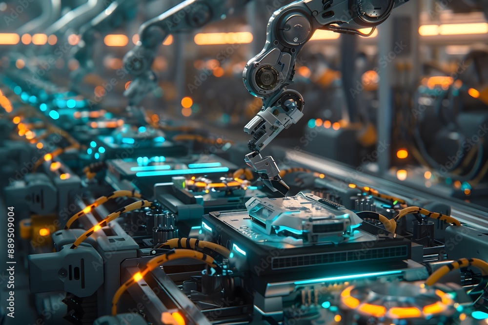 Poster Advanced robotics arms meticulously assembling intricate components of next-gen HDDs in a sterile, high-tech clean room environment