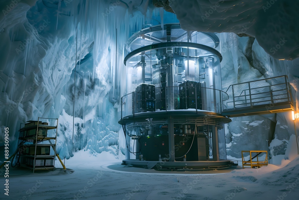 Poster Inside a massive data fortress hidden within an Arctic ice sheet, ultra-efficient quantum processors are combined with bio-engineered materials to create HDDs capable of withstanding extreme cool