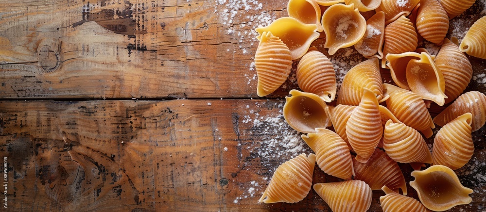 Poster top view of a large raw conchiglie pasta shell made from healthy durum wheat semola flour on a rusti