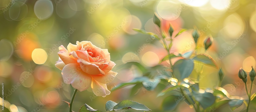 Poster selective focus captures a rose in a garden with a blurred background, creating a visually appealing