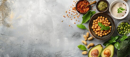 Nutritious vegetables like avocado, chickpeas, nuts, and herbs create a balanced diet rich in fiber and vegetable proteins, perfect for a healthy lifestyle. Enhance your text with a copy space image.