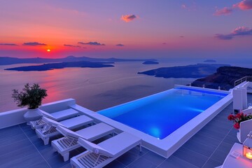 Fototapeta premium Luxurious rooftop infinity pool with sunset view providing a serene and exclusive escape perfect for relaxation