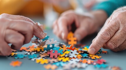 Engaging image showcasing senior individuals enthusiastically piecing together a bright and colorful puzzle, emphasizing mental stimulation, social connection, and recreational fun.