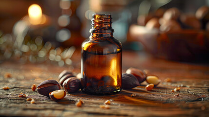 Essential oil bottle on a rustic wooden table with decorations.