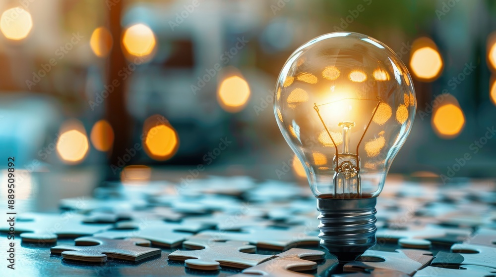 Poster lightbulb and puzzle graphics, representing problem-solving in business