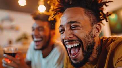 Fototapeta premium A close-up shot of two friends laughing wholeheartedly, captured in a bright setting. Their joyful expressions showcase genuine happiness and camaraderie, emphasizing fun and laughter.