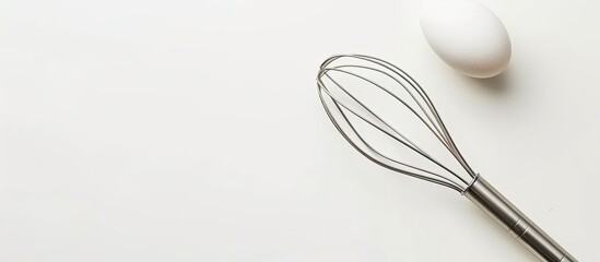 View from above of an egg beater on a white background with copy space image.