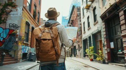 Obraz premium Traveler with a map exploring a new city street