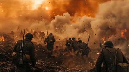 Naklejka premium dramatized battle scene, soldiers are seen taking positions amidst smoke and fiery background, highlighting conflict and bravery.