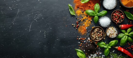 Various spices and herbs like pepper, salt, paprika, basil, and turmeric beautifully arranged on a black wooden chalkboard, shot from a top-down perspective with free copy space image.