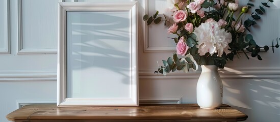 On a table, there is a vase of flowers and a white photo frame with a chic background setting, ideal for adding text or images with plenty of copy space image.