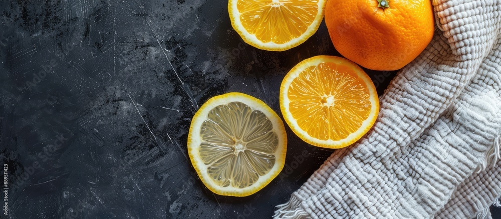 Poster minimalistic flat lay top view of lemon and mandarin slices on a dark background with a light-colore