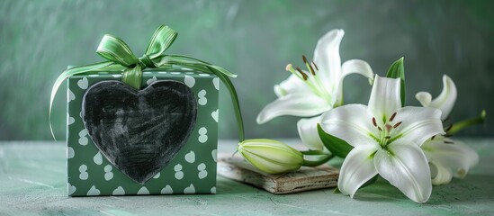 Gift box adorned with green polka dot ribbon placed beside white silk lilies, a heart-shaped blackboard on a table with a green backdrop; shallow depth of field in a copy space image.