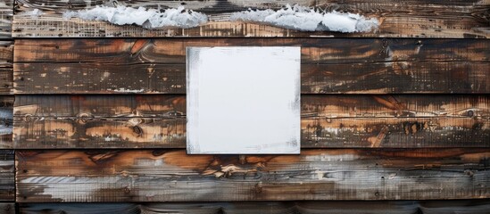 Frozen wooden planks wall with blank white square sign; copy space image.