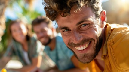 Obraz premium A group of friends is enjoying the outdoors, engaging in playful activities. The image captures the essence of joy and companionship amidst a sunny, relaxed environment.