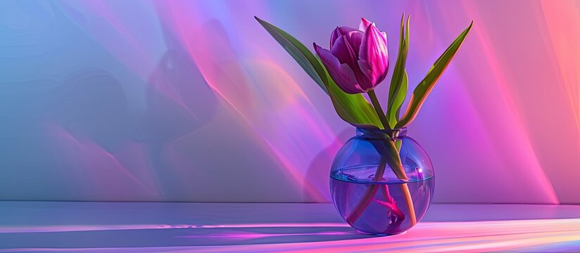 Image of a purple tulip in a holographic vase against a gradient backdrop, part of a floral arrangement with neon lights casting colorful shadows. Copy space image included.