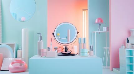 A camera focused on beauty products arranged symmetrically in a bright, modern studio