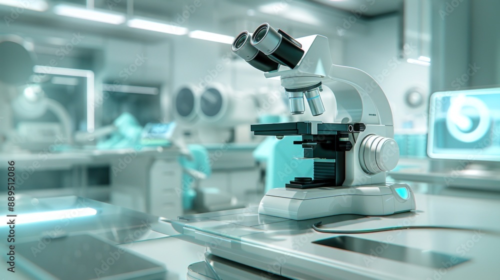 Poster microscope on a lab table in a modern laboratory