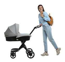 Happy young woman with baby stroller on white background