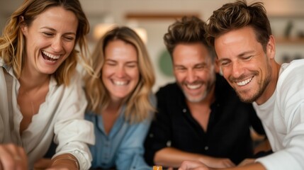 Fototapeta premium A group of friends are seen playing a game and laughing indoors, capturing a moment of shared joy, relaxation, and social interaction in a cozy setting.