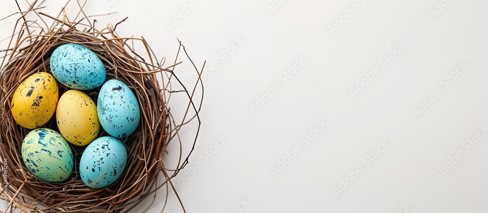 Poster top view of easter eggs in a nest on a white background with copy space image.