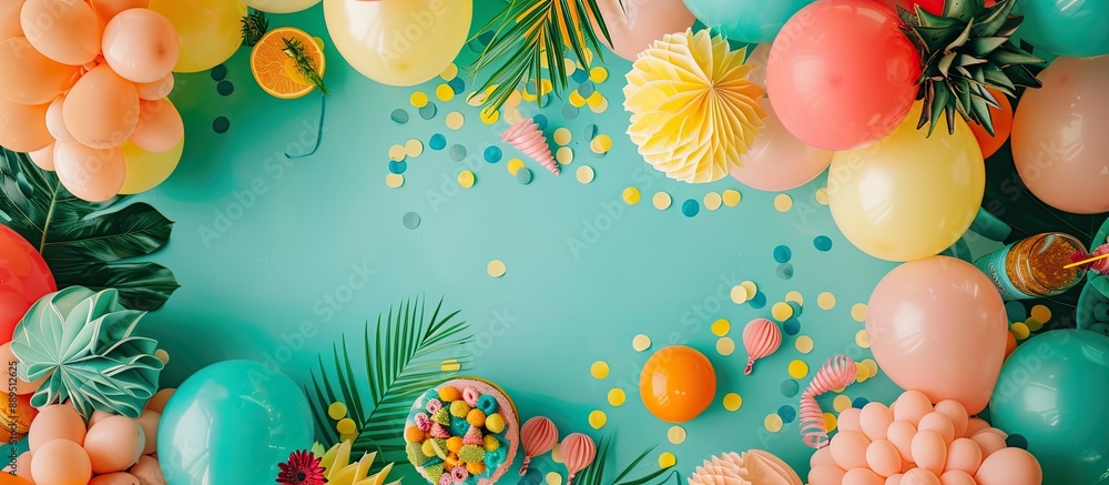Poster top-down view of a party decoration setup featuring balloons and various decor elements, with space 